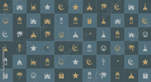 Seamless Islamic pattern background with traditional religious symbols.
