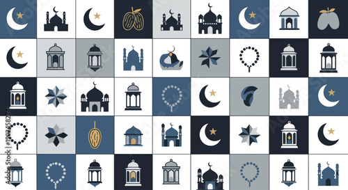 Seamless pattern of Islamic symbols including mosques, moons, and lanterns.