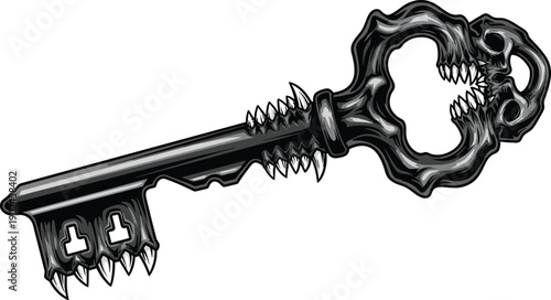 Black skeleton key with sharp teeth and skull handle