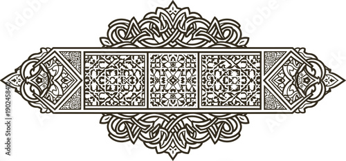 An intricate black and white vector graphic of an ornate design with floral patterns and geometric shapes