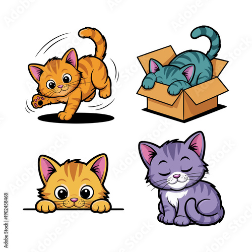 Playful and Resting Cat Icon Set. Vector Illustration. Editable Stroke.
