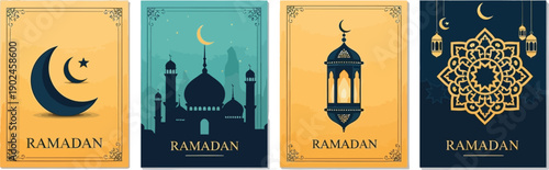 A set of four Ramadan vector graphic illustrations featuring mosque, lantern, and crescent moon designs