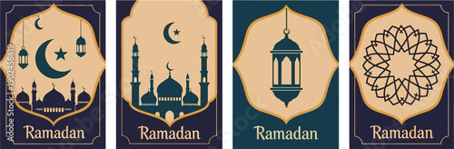 A set of four Ramadan vector graphic illustrations featuring mosque silhouettes and lanterns
