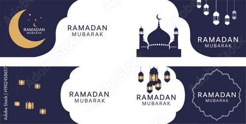 A set of Ramadan Mubarak vector graphic cards with mosque, lantern, and crescent moon designs