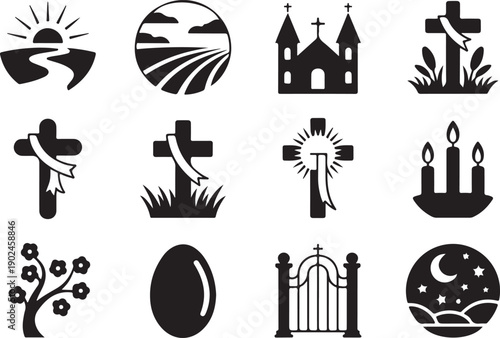 Collection of religious and holiday symbols including crosses churches and nature elements as silhouette icons