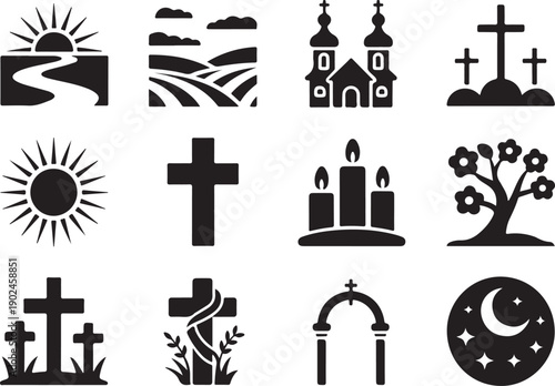 Religious symbols, church, crosses, candles, sunrise, moon, night, vector icons