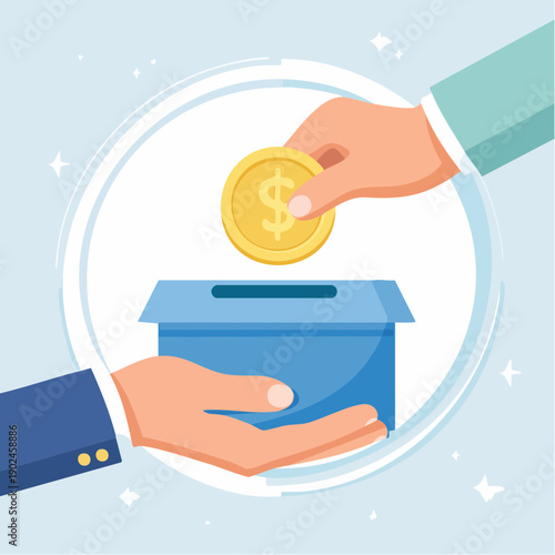 A hand dropping a dollar coin into a donation box held by another hand, symbolizing charity and financial giving.
