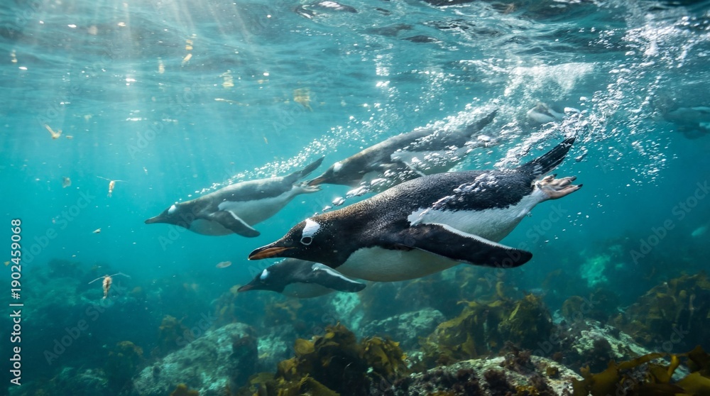 Obraz premium Action shot of a group of gentoo penguins swimming fast underwater, with bubbles and sunlight rays piercing through the blue ocean water over a coral reef and seaweed in the Antarctic.