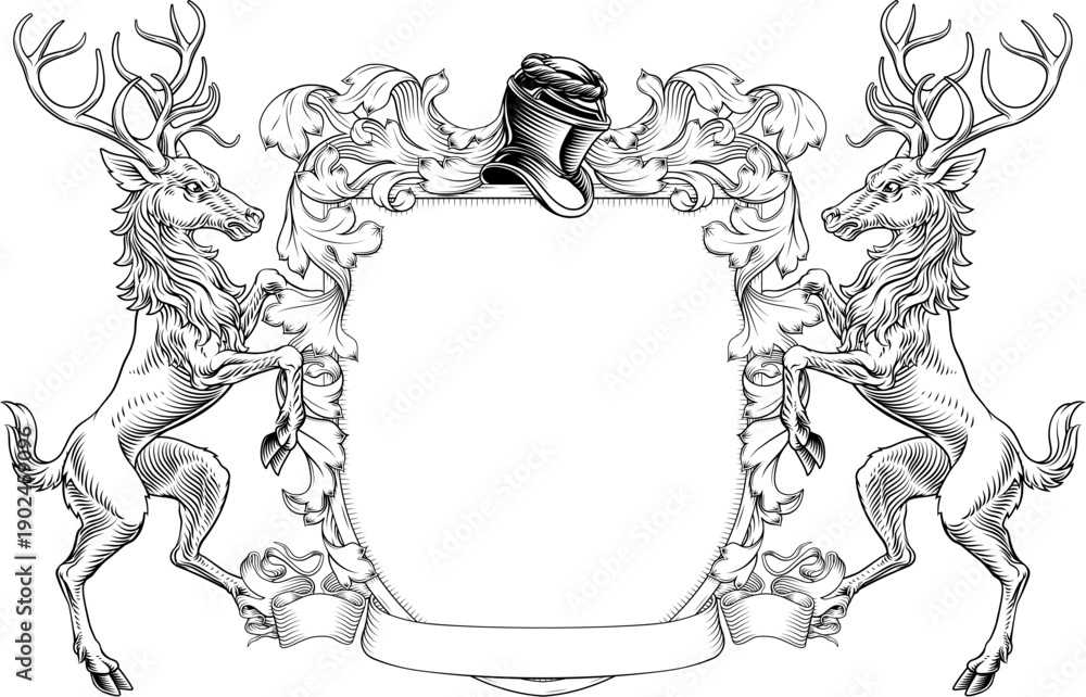 Fototapeta premium Male deer or stag hart coat of arms or crest family heraldry medieval heraldic knight shield. With helmet and acanthus filigree scroll ornament in a vintage woodcut style.