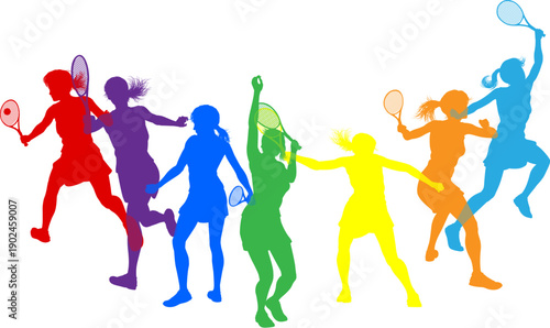 Silhouette tennis women female players set. Active sports people healthy players fitness silhouettes concept.