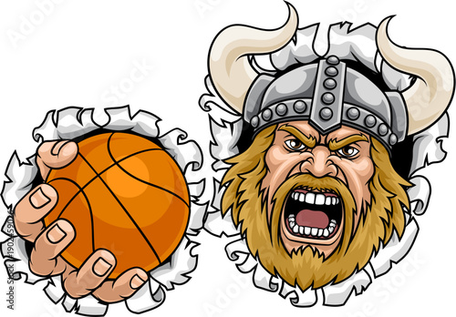 A Viking man holding Basketball ball sports team cartoon charcater mascot illustration.
