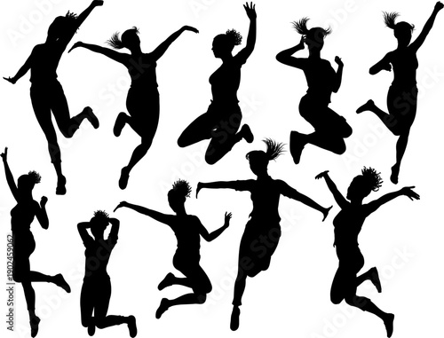 A set of happy women jumping for joy silhouette woman, people concept.