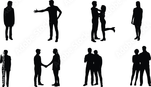 Black and white silhouettes of men and women interacting, greeting, hugging, and communicating, illustrating relationships, social behavior, and human connection