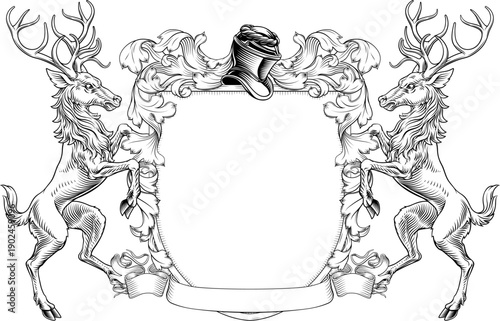 Male deer or stag hart coat of arms or crest family heraldry medieval heraldic knight shield. With helmet and acanthus filigree scroll ornament in a vintage woodcut style.