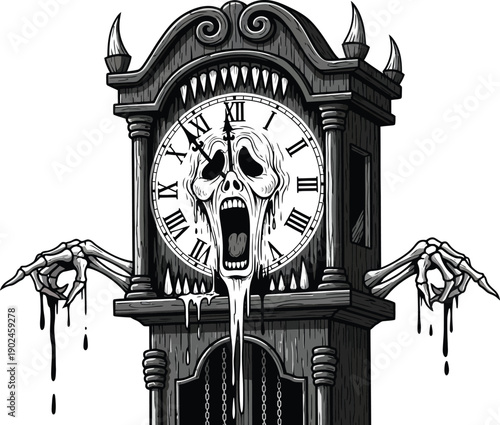 Gothic grandfather clock with screaming skull face and skeletal hands skeleton