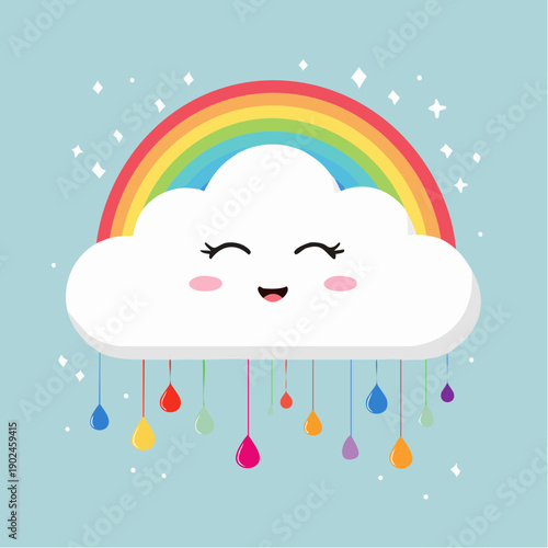 A cute cartoon cloud with a rainbow and colorful raindrops on a light blue background, featuring a happy smiling face.