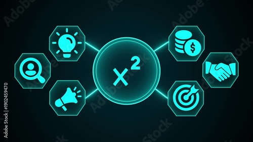 Business Growth Concept with Exponential Factor X Squared and Strategy Icons.