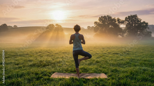 Woman cancer survivor doing yoga outdoors healthy body remission motivation background negative space left side nature wellness fitness