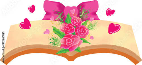 Open Book with Flowers and Ribbon
