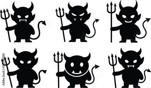 Vector, black, silhouette, illustration, set, of, cute, devil, characters, with, horns, tails, and, pitchforks, for, Halloween, horror, fantasy, and, mythical, theme, design