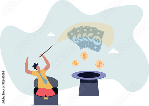 A businessman with a magic wand shows a trick to increase profits.