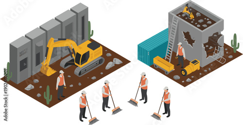 Isometric construction site scenes with excavator workers cleaning area damaged buildings industrial repair development process vector illustration design