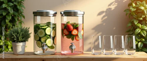 Panel kuchenny z motywem Infused drink station with cucumber and strawberry on wooden table  
