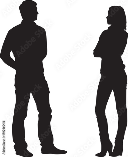 Male and female silhouettes standing alone emotional distance theme isolated on white background 
