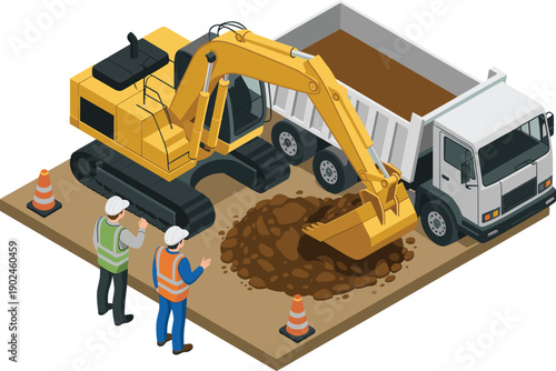 Isometric excavator loading soil into dump truck with workers safety cones heavy machinery construction site vector illustration engineering design project