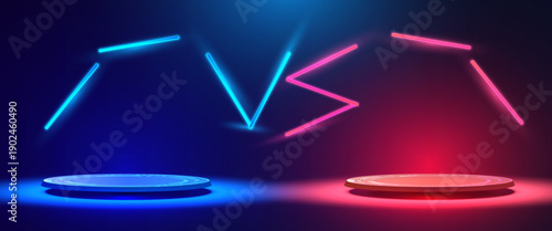 Futuristic background with two neon platforms facing each other like an arena. Glowing light lines create a versus scene representing gaming competition, battle, rivalry, and sci-fi confrontation.