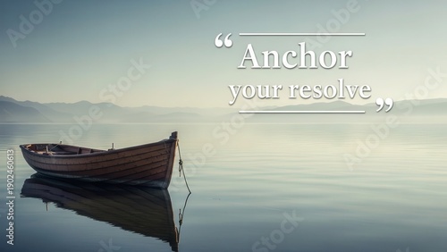 Wooden Boat on Calm Water with Inspirational Quote