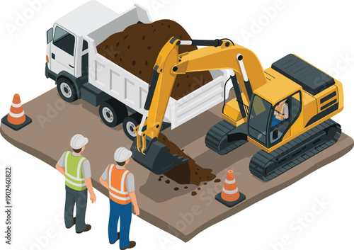 Isometric excavator loading soil into dump truck with workers, safety cones, heavy machinery, construction site vector illustration design engineering project