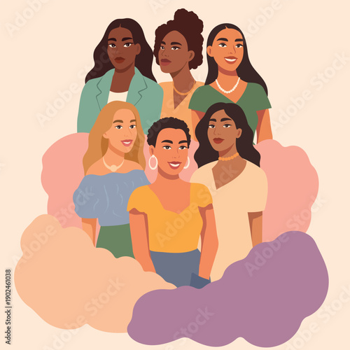Vector banner for International Women's Day, March 8. Women of different cultures, skin colors, nationalities together. Use for projects, diversity, movements for gender equality, women's empowerment