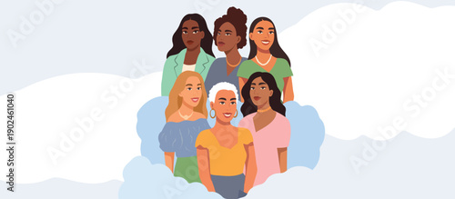 Vector banner for International Women's Day, March 8. Women of different cultures, nationalities stand together against of sky. Support of diversity, movement for gender equality, women's empowerment