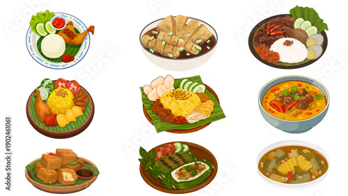 Watercolor Indonesian Traditional Food Illustration Set, Featuring Nasi Kuning, Ayam Goreng, Pempek, Gudeg, and Nasi Bakar for Restaurant Menu and Culinary Branding