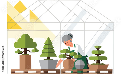 Gardener Tending to Bonsai Trees in Greenhouse.