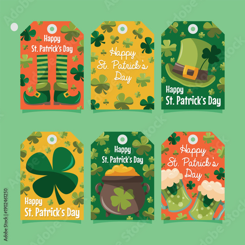 Colorful st patrick s day gift tags with festive illustrations and greetings