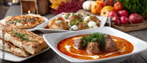 Wallpaper Mural Dishes include beans with kossarli and chicken shawarma served on white plates atop a wooden table, highlighting Saudi Arabian cuisine Torontodigital.ca