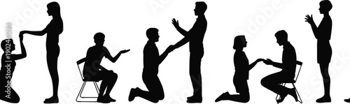 Romantic wedding proposal silhouette set with couples in love and engagement moments on white background background,