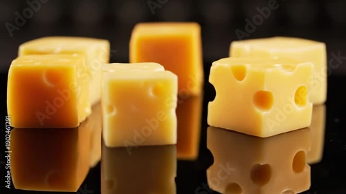 Rotating cheese cubes on reflective surface showcasing texture and shadows