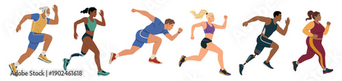 Set of diverse runners including men, women, and athletes with prosthetic legs, showing marathon, sprint, jogging, and warm up activities. Flat vector illustration isolated on transparent background