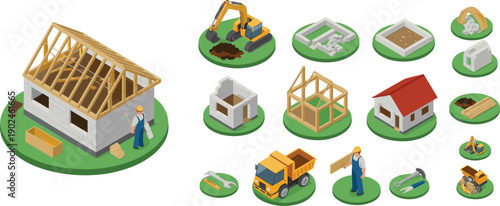 Isometric house construction process illustration with building stages, workers, tools, machinery, materials, architecture development, residential home project vector design