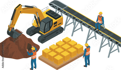 Isometric mining excavator with conveyor belt and workers handling materials industrial production process heavy machinery vector illustration design concept scene