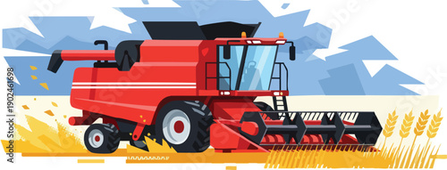 Red Combine Harvester Machine Illustration.