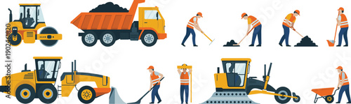 Road construction workers and heavy machinery illustration set with dump truck roller bulldozer asphalt repair flat vector design collection