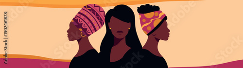 Vector horizontal abstract bright banner with space for text for International Women's Day, March 8, Black History Month. Black women stand together. Movements for gender equality, women's empowerment