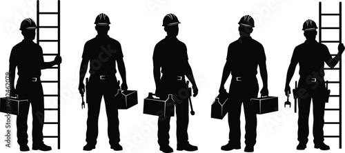 Set of five construction worker silhouettes with hard hats toolboxes and ladders for professional repair maintenance contractor and industrial labor services