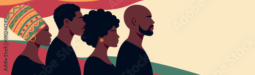 Vector horizontal banner with space for text African-American men and women wearing traditional headscarves. For Black History Month, diversity, cultural awareness, empowerment, unity, social justice
