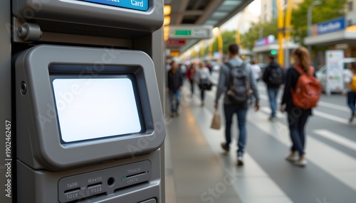 Public Transit Ticket Kiosk: A modern public transit ticket kiosk stands as a central point in a busy urban environment, with blurred background people going about their routines.