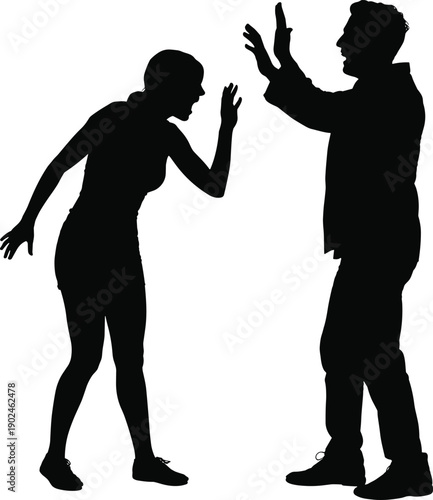 Man and woman arguing silhouettes, relationship conflict concept, emotional confrontation, black white vector illustration design